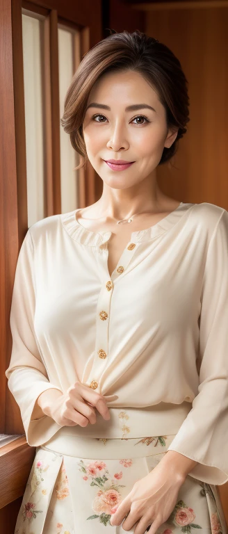 (Bun low ponytail hairstyle:1.22)(Very light brown hair)(Mature Japanese Beauty)(4)(The neighbor's wife is outside the front door of her house.)(The woman next door opens the front door and welcomes me in.)(Look at me with a seductive smile) (I am fascinated by her charm)
(8K highest quality)、(High resolution)、(Ultra-detailed photos)、(Ultra-realistic texture)、(Illuminated subject)(8k images)(Clear Photography)(Real Photo)
(40 year old beautiful mature married woman)(Elegant and well-proportioned face)(Long face)(Long and narrow face)(Thick lips)(thin small nose)(Long jaw)
(tall)(slender)(Big Breasts)
(Modest, covering clothing)(White blouse)(Her nipples are faintly visible through her blouse)(Braless nipples:1)(A neat, chic and elegant floral skirt)