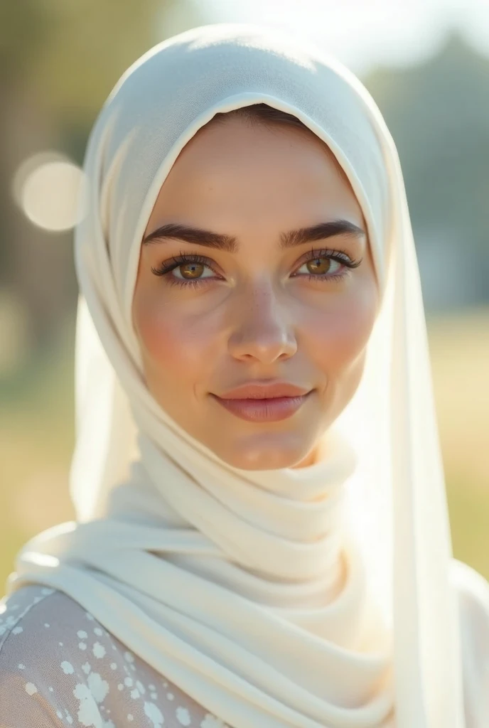 A beautiful girl wearing a white hijab on a sunny day,