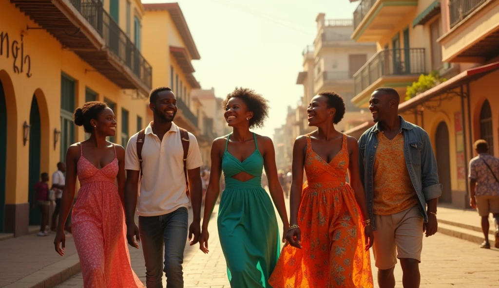 a happy group of people walking on the Angola streets, extremely detailed, photorealistic, vibrant colors, warm lighting, beautiful architecture in the background, intricate details, cinematic composition, dynamic movement, high quality, masterpiece