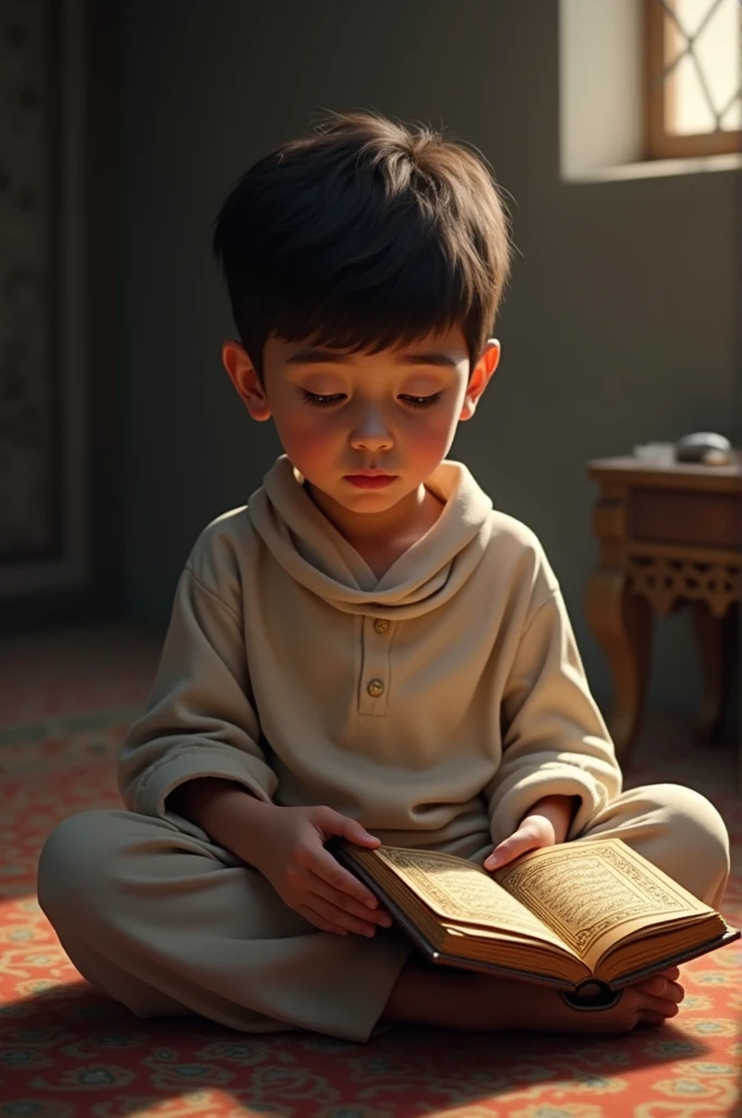 Kid holding Quran and reading it