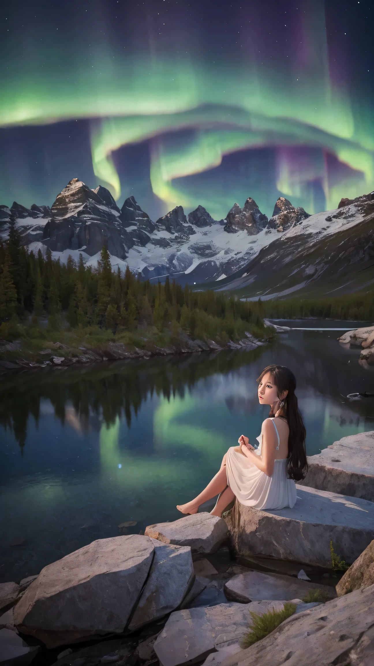 8k、high resolution、photograph、White Nights、Aurora、shooting star、Fantasy、