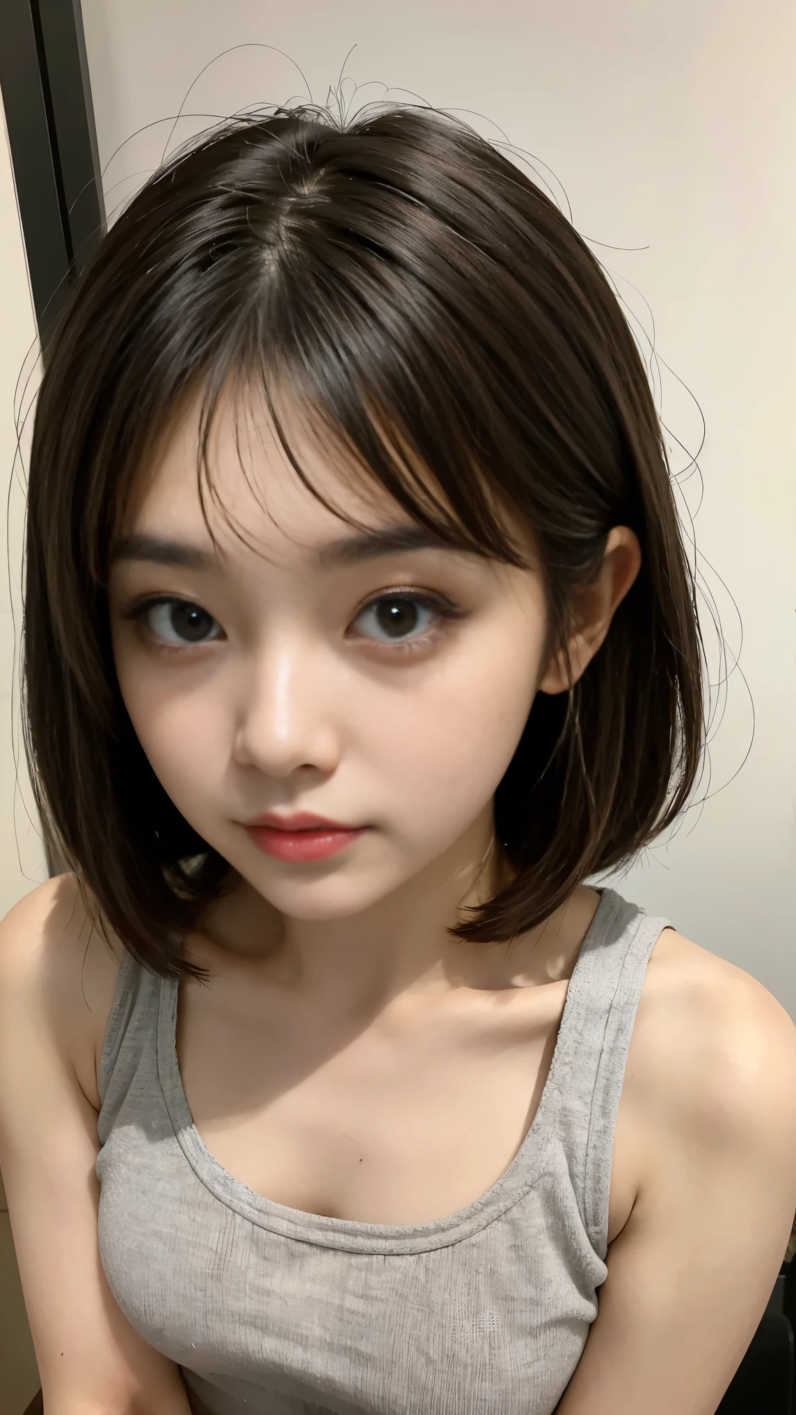 Generates a close-up image of a cute Japanese girl staring at you with a seductive look。She is wearing a sleeveless top and a tight mini skirt.、like々Enhances the stylish look.。Hair is a trendy color（for example, Light brown or blonde）Dyed、It&#39;s a loose and playful wave..。In the background、The painting depicts a vibrant urban landscape characterised by soft, blurred and colourful light..、Highlight her features。The makeup is perfect、In line with the latest trends.、To bring out her charm、Special focus on eyes and lips.。have confidence、She has a slightly mysterious look、It&#39;s full of charm and fun.。The sleeveless top and mini skirt suited her perfectly..、Showing off her curves and fashionable style、Keep the look modern and attractive。
