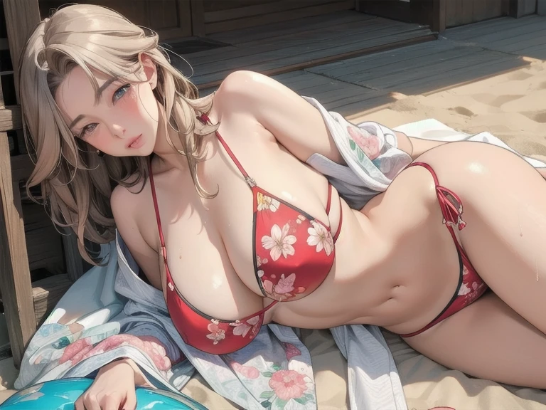 (masterpiece), (best quality), high resolution, ultra detail, photorealistic, 8K,
BREAK
30 year old, mature female, big breasts, (long eyes, long eyelashes, thick lip), shy, embarrassed, blushing:1.5,
BREAK
clothes((torn floral bikini under resort gown)), wet, oily, beach, sunlight,