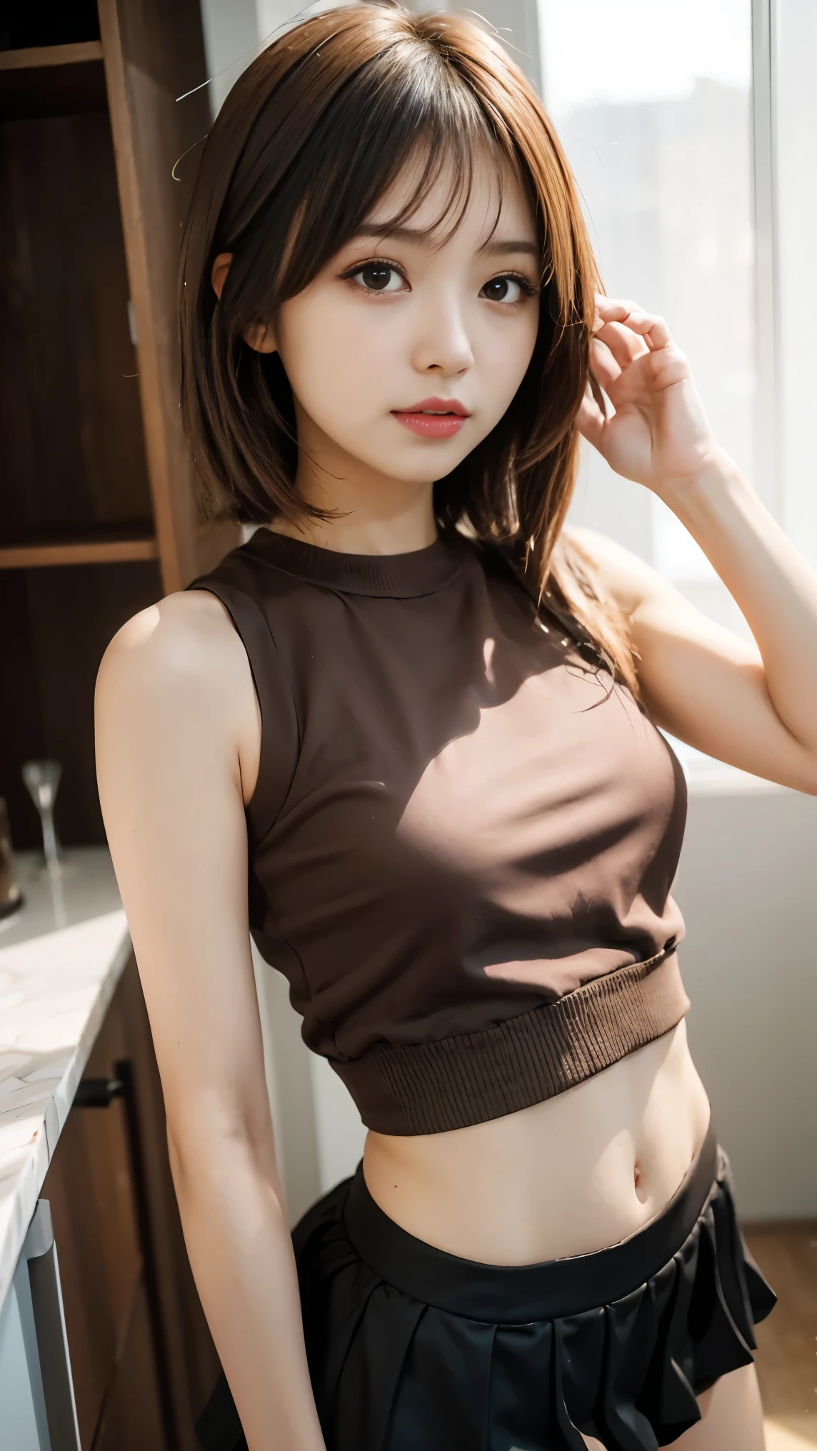 Generates a close-up image of a cute Japanese girl staring at you with a seductive look。She is wearing a sleeveless top and a tight mini skirt.、like々Enhances the stylish look.。Hair is a trendy color(for example, Light brown or blonde)Dyed、It's a loose and playful wave..。In the background、The painting depicts a vibrant urban landscape characterised by soft, blurred and colourful light..、Highlight her features。The makeup is perfect、In line with the latest trends.、To bring out her charm、Special focus on eyes and lips.。have confidence、She has a slightly mysterious look、It's full of charm and fun.。The sleeveless top and mini skirt suited her perfectly..、Showing off her curves and fashionable style、Keep the look modern and attractive。