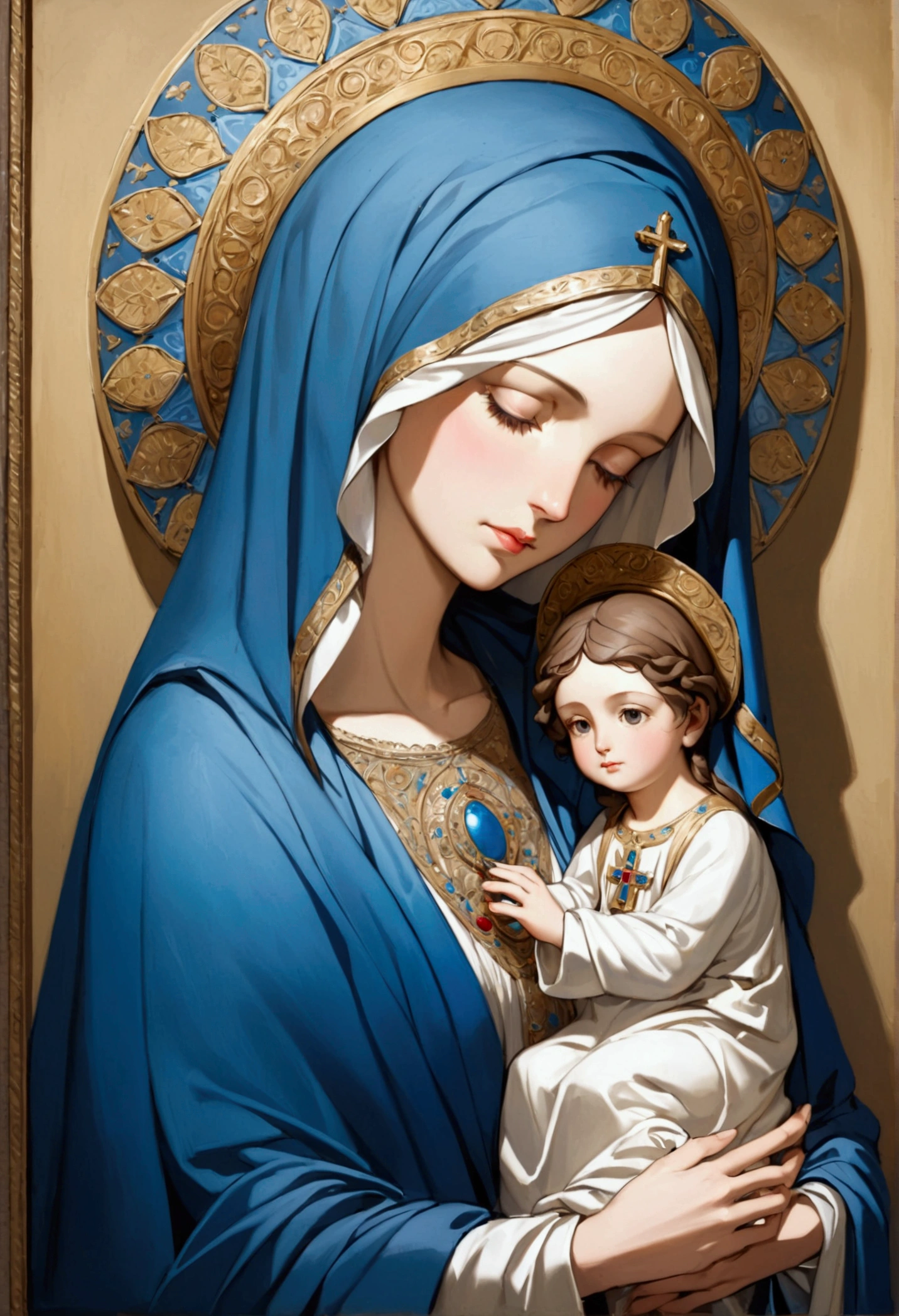 Painting of a middle-aged Virgin Mary wearing a blue cloak
