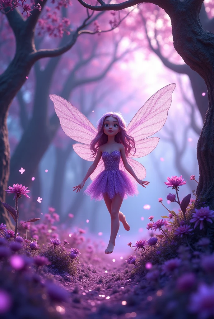 Animated purple fairy in a magical purple glittery forest