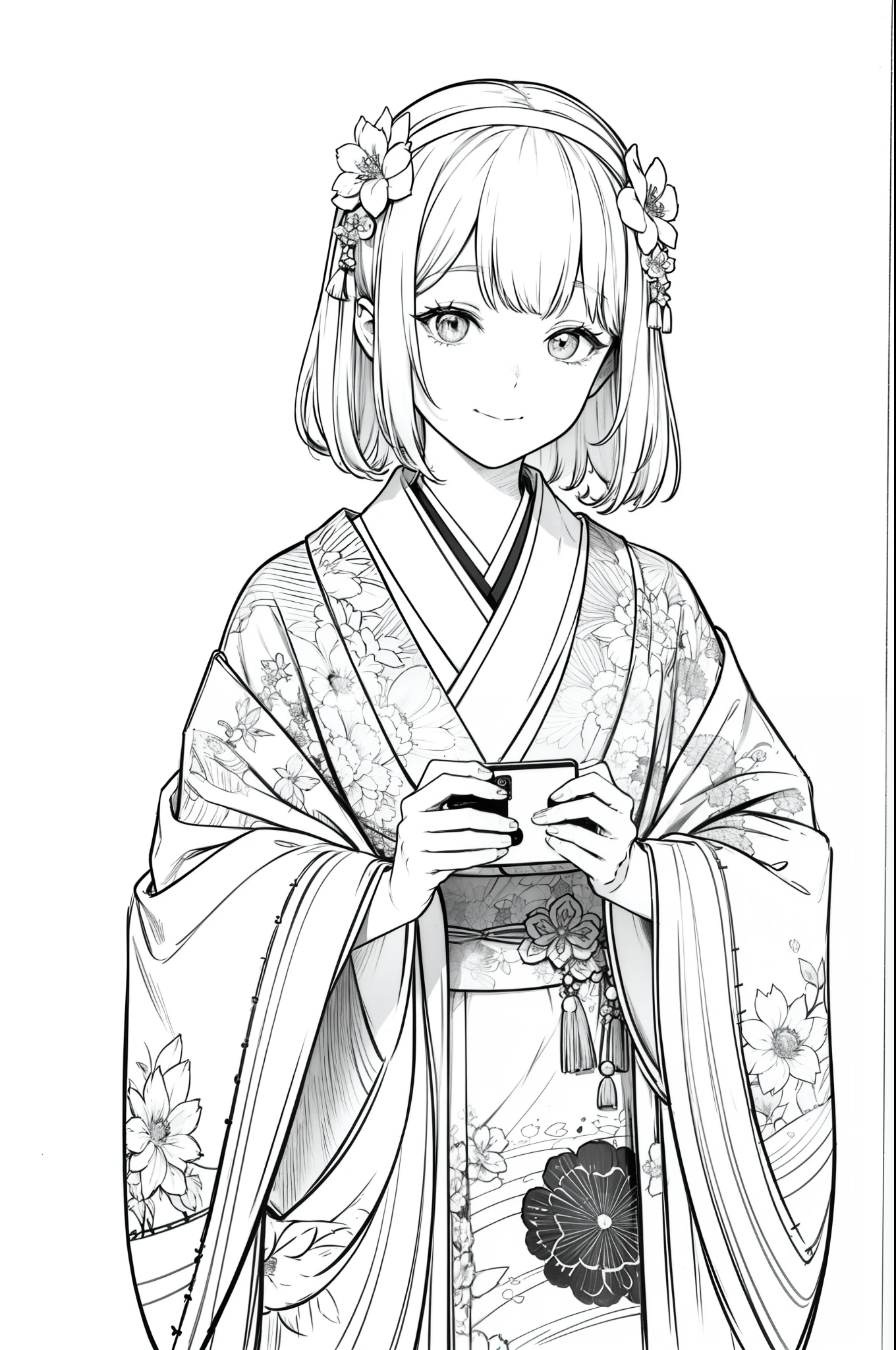 Masterpiece, top class, unique, cute, flowers, line drawing background, white background, monochrome, line drawing, ((sketch)), creepy, white eyes, create a monochrome coloring book that even adults can easily do, a realistic and cute ukiyo-e of a smiling girl wearing a kimono with Mt. Fuji in the background, holding an iPhone in one hand, conveying Japanese culture.