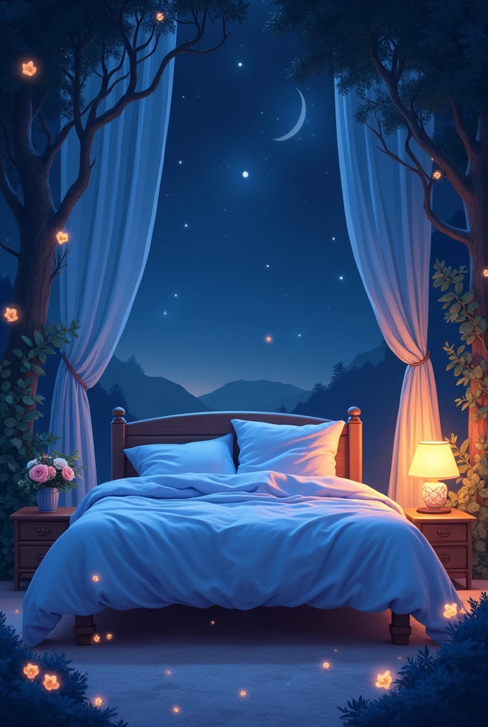 A captivating scene.A magical night, composition from the front, a king-sized bed taking up half of the screen, and indirect lighting next to the bed.(Imagine a picture book with a gentle touch illustrated in the style of Mary Blair and Quentin Blake), bioluminiscent, heavenly lighting