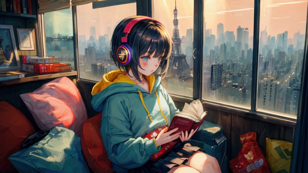 Highest quality, 4K wallpaper, masterpiece, Very detailed CG ユニティ 8k 壁紙, Very fine grain, Very detailed, Intricate details, One girl, Retro art style,A girl reading a book by the window on a rainy day、Wrapped in warm light、Pop Art Style, Tokyo Tower、Girl wearing a hoodie、Girl with headphones around her neck、Girl wearing skirt、Shortcuts、Chill、Chill、Emotional、emotional