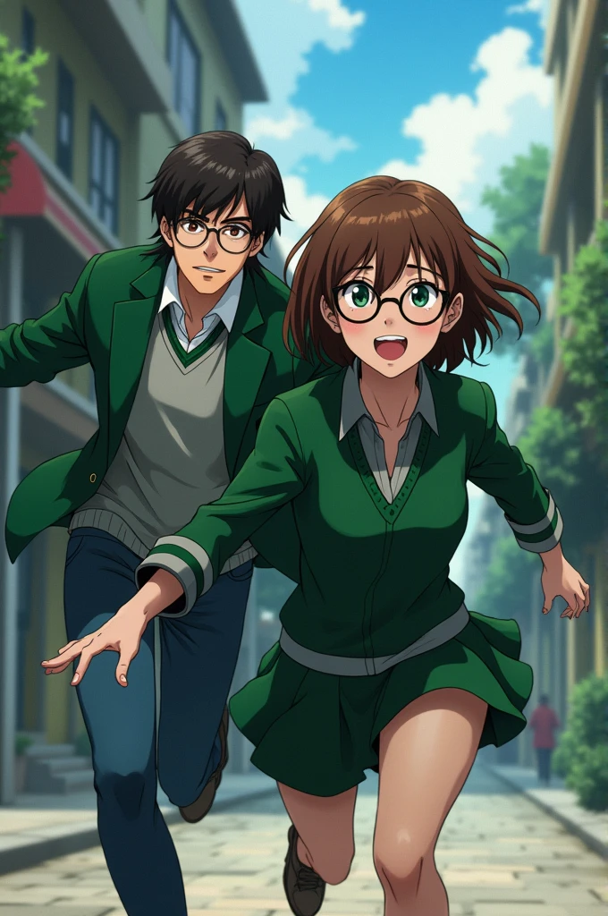 The older brother chases after a young woman with short brown hair, glasses, cheerful, wearing a Slytherin house robe, anime.