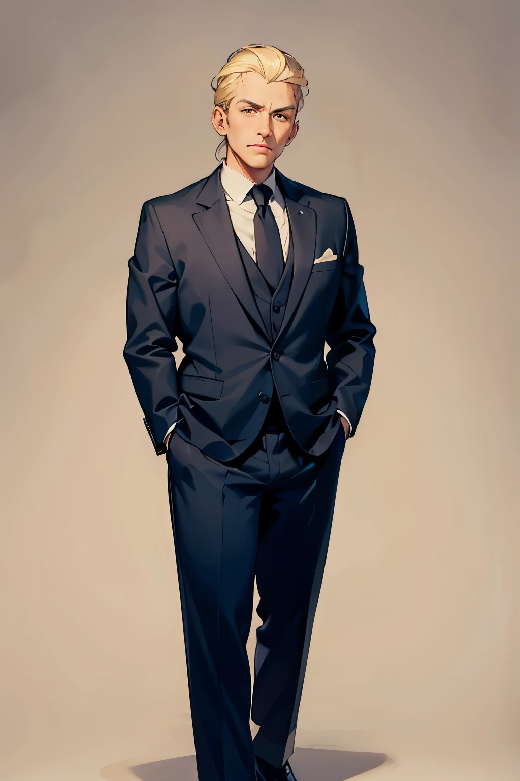 chef, blond, old money style, classic suit, full-length on a plain background