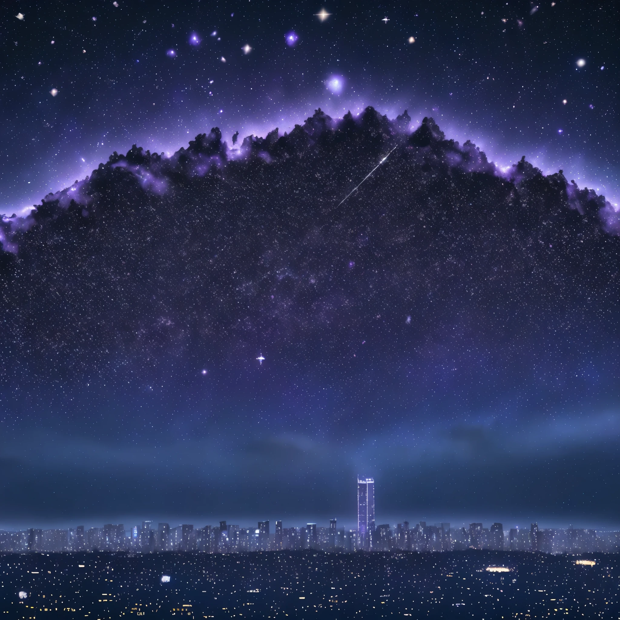 a starry night sky with the constellations of the zodiac, shades of purple and blue nebulae, vast outer space, cyberpunk city skyline at the bottom, highly detailed, cinematic lighting, dramatic contrast, ultra-detailed, 8k, photorealistic, science fiction, digital art