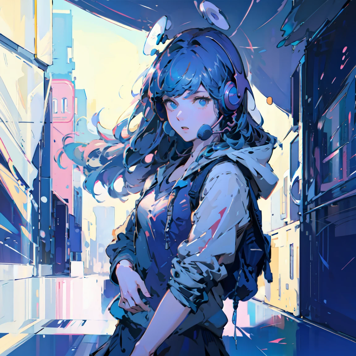 Highest quality、4K wallpaper、masterpiece、Very detailed、CG、Unity、8k wallpaper、Very fine grain、Complex、One Girl、Retro art style、Pop Art Style、Girl wearing a hoodie、Girl with headphones around her neck、Girl wearing skirt、、Shortcuts、Blue Hair、Chill、Chill、Emotional、emotional、５Finger