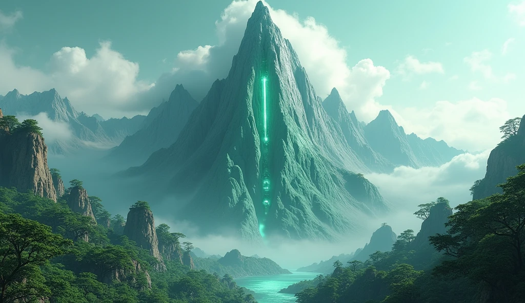 There is a high mountain，Half of the mountain is smooth jade，The other half of the mountain is covered with strange trees（best quality，4K，8k，High level，masterpiece：1.2），Ultra Detailed，（lifelike，Photo real，Photo real：1.37