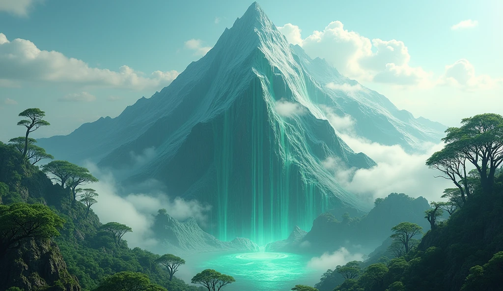 There is a high mountain,Half of the mountain is smooth jade,The other half of the mountain is covered with strange trees(best quality,4K,8k,High level,masterpiece:1.2),Ultra Detailed,(lifelike,Photo real,Photo real:1.37