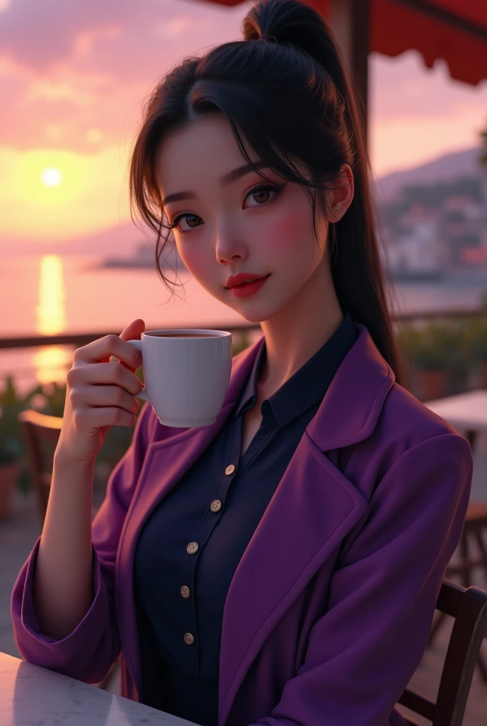 masterpiece, best quality, highly detailed, hyperrealistic, photorealistic:1.1, beautiful 20s French model, terrace, beach, cafe, at sunset, purple jacket navy polo
polite shirt : 1.2, sitting, very detailed face, high ponytail, black hair, pale skin, sweet smile, cup of hot chocolate.
