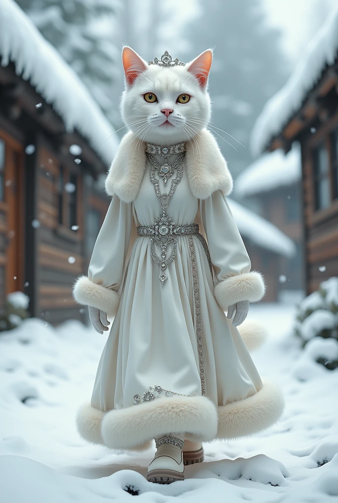 A white cat walking on her hind legs in a snow-covered Russian village, wearing a traditional Russian Orthodox bridal gown. The cat is adorned with silver and fur-trimmed jewelry, a long white dress with fur accents, a fur hat, and fur-lined boots. The background shows wooden houses and falling snow."
