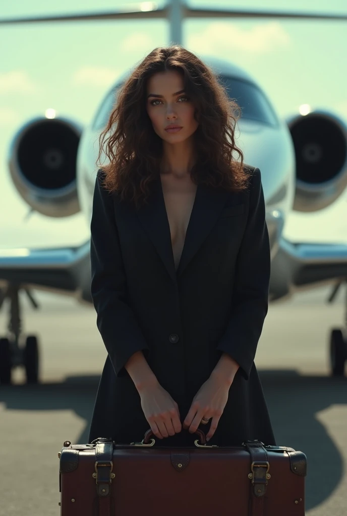 Create a relastic , beautiful woman with a head of curls , with a suitcase in hand, who stands in front of a jet and looks sad.  THE photo should be high resolution and everything should be very high contrast.