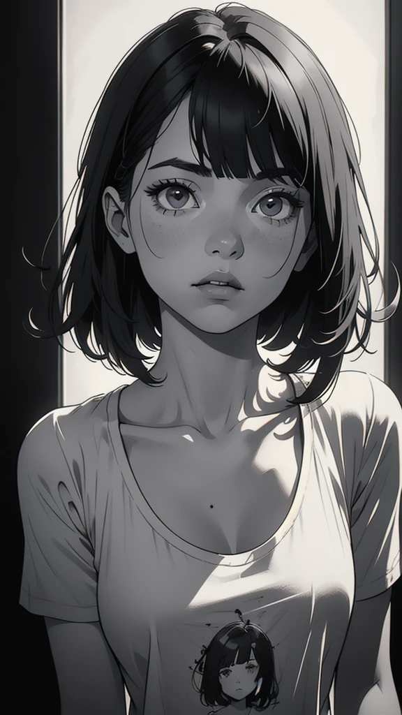 1 boyish girl, solo, sharp eyes, monochrome, greyscale, shoulder length black bangs hair, portrait, (blank white T-shirt), Thin eyebrows, closed mouth, looking at viewer, detailed lips, hatching \(texture\), without makeup, upper body, (best illustration), (best quality), (very detailed), (masterpiece), expressionless,
