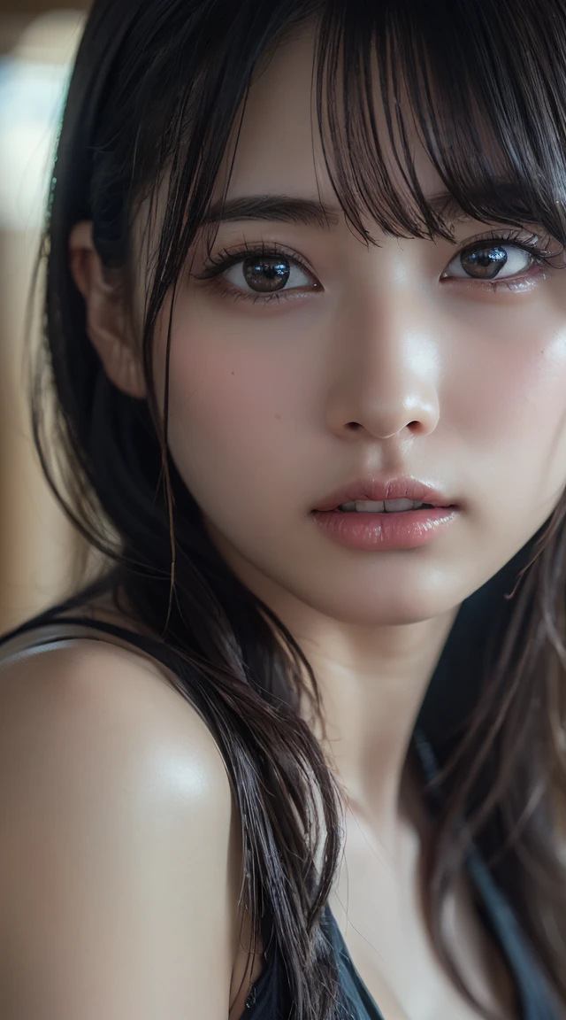 Chubby Japanese woman's upper body figure full body picture of The most beautiful 25 years old women to exist, black hair, dark eyes, ultra high resolution photo of a beautiful woman, short dress, detailed skin, iris detail, detailed fabric, peach fuzz, eyebags, detailed natural thin lips, hair shadows, dust, unedited thin lips, 8k photography, unedited skin, thin lips, clear skin, healing cuts, thin facial hair, model, hyper detailed eyes, subtle imperfections, macro hair detail, sharp focus, front facing face, looking straight forward, perfectly symmetrical face, head downcast, extreme photorealism perfect detail morning light photographic portrait, - --s 750