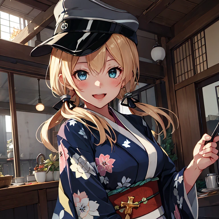 prinz_eugen_kantaicollection,
blonde_hair, long_hair, twintails, hair_ornament, anchor_hair_ornament, hat, peaked_cap, blush, low_twintails, military, smile, breasts, open_mouth, iron_cross, cross, aqua_eyes, blue_eyes,
(masterpiece:1.4),(best quality:1.4), (premium:1.4), (great illustration:1.4), (ultra-detailed:1.4),(art CG, 8K),full body,1girl,solo,KonishiCSA,
(kimono:1.4),japanese house:1.4,evening,(autumn leaves:1.1),