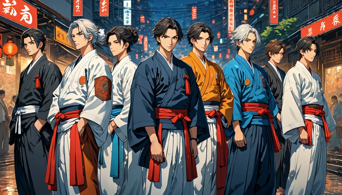 score up_9,score up_8,score up_7,source_anime,masterpiece,best quality,super fine illustration,super detailed,8k,Four Jentle Men,Suits in Hakama,standing,cool,BREAK various hair,various eyes,various color,holding_various weapon,BREAK in modern city,midnight,beautiful detailed,