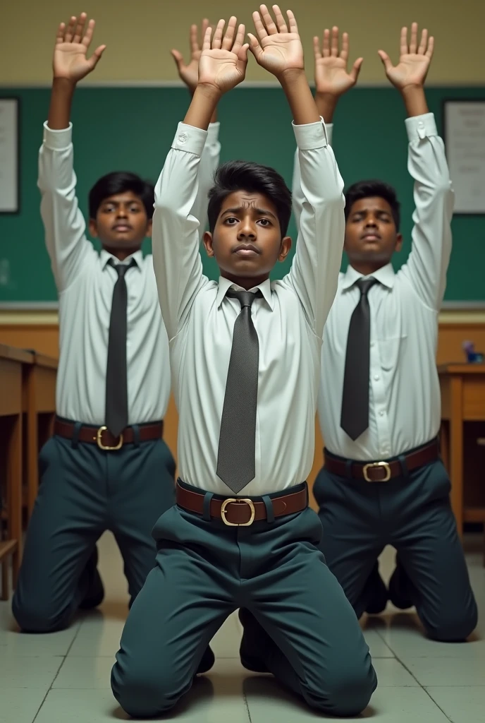 Side view of three 20 year old indian boys wearing white shirt, school tie, slimfit trousers , leather jacket and fasionable circular shape
belt is kneeling in the corner of the classroom with their hands raised so straight high up above their heads and boys feel tired