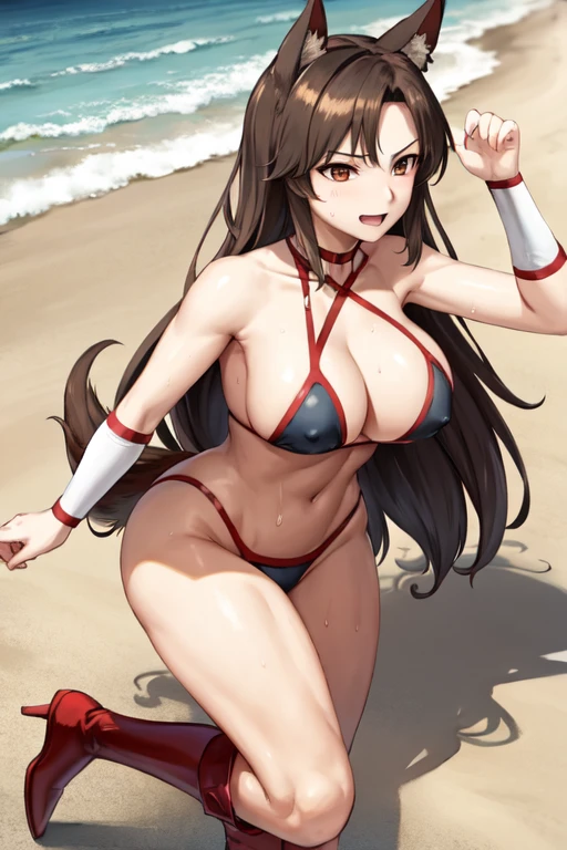 masterpiece, best quality, beautiful art, high resolution, well formed hands, body and fingers, 1 woman, solo, Imaizumi Kagerou, wolf ears and wolf tail, ,full body picture, grown up, adult, large and big breasted, cleavage, hair ornament, wearing a Tyris Flare outfit , white_bikini, full body, sexy and skimpy bikini, gorgeous hips, legs and thighs bouncing breasts, red boots, fighting in a combat match, showing her fighting skills, making her guard, about to hit the viewer, looking at the viewer, close up on her bouncing breasts, sweating, bouncing breasts, smiling joyfully and brightly, seductive face, being confident and proud, action and fighting scene, martial arts tournament on the beach