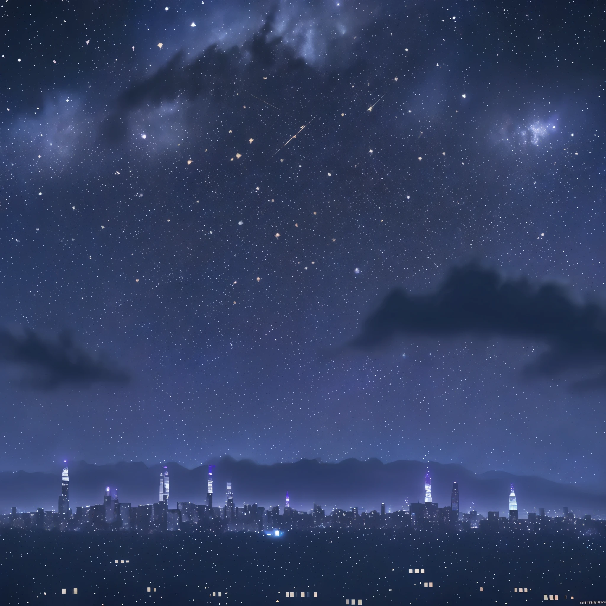 a starry night sky with the constellations of the zodiac, shades of purple and blue nebulae, vast outer space, cyberpunk city skyline at the bottom, highly detailed, cinematic lighting, dramatic contrast, ultra-detailed, 8k, photorealistic, science fiction, digital art