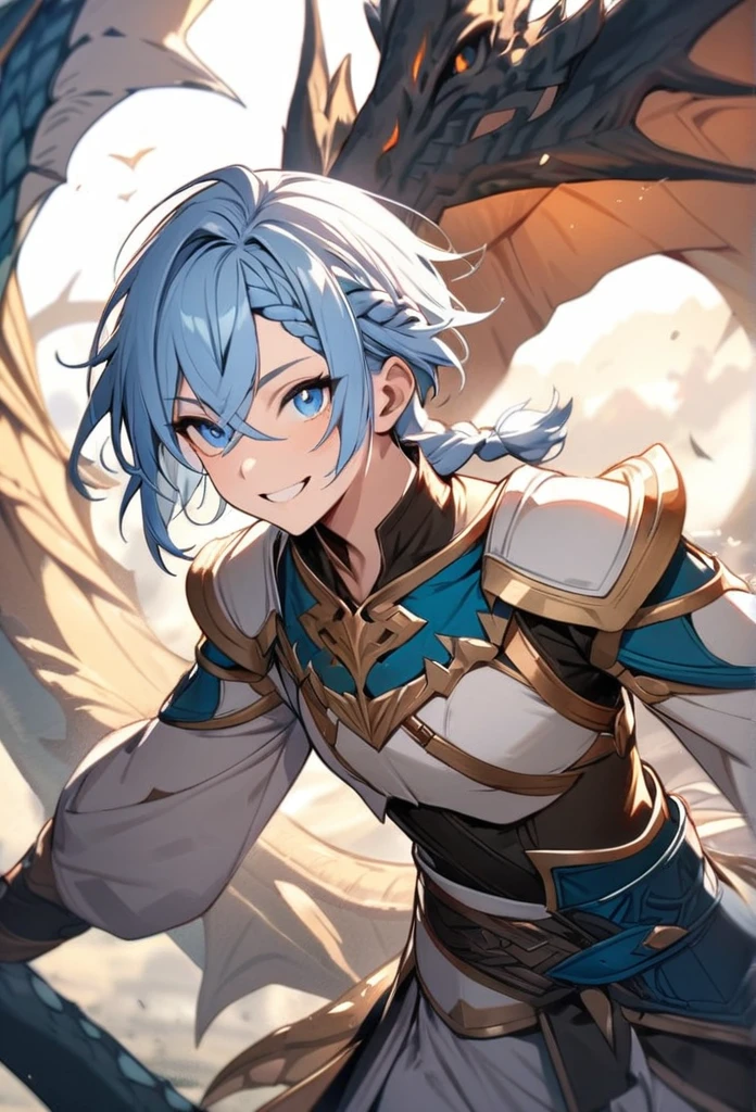Solo, 1 boy, light blue hair, blue eyes, (((high quality))), masterpiece, detailed face, fantasy design, fantasy clothes, Smile, fantasy beautiful clothes,dragon, short hair, fantasy combat clothes, Crossed Bangs, Braided Bangs