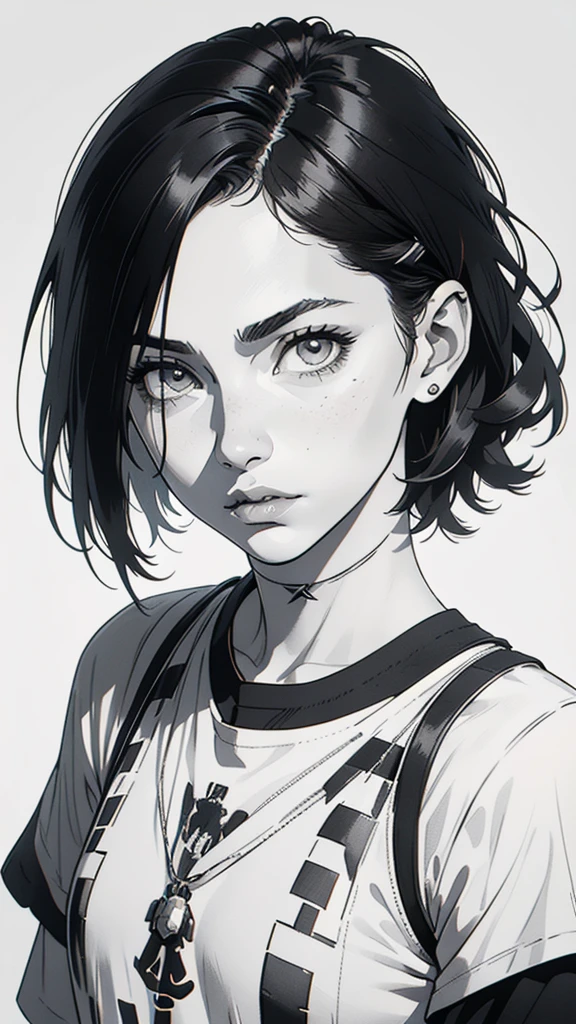 1 boyish girl, solo, sharp eyes, monochrome, greyscale, shoulder length black bangs hair, portrait, (blank white T-shirt), Thin eyebrows, closed mouth, looking at viewer, detailed lips, hatching \(texture\), without makeup, upper body, (best illustration), (best quality), (very detailed), (masterpiece), expressionless,