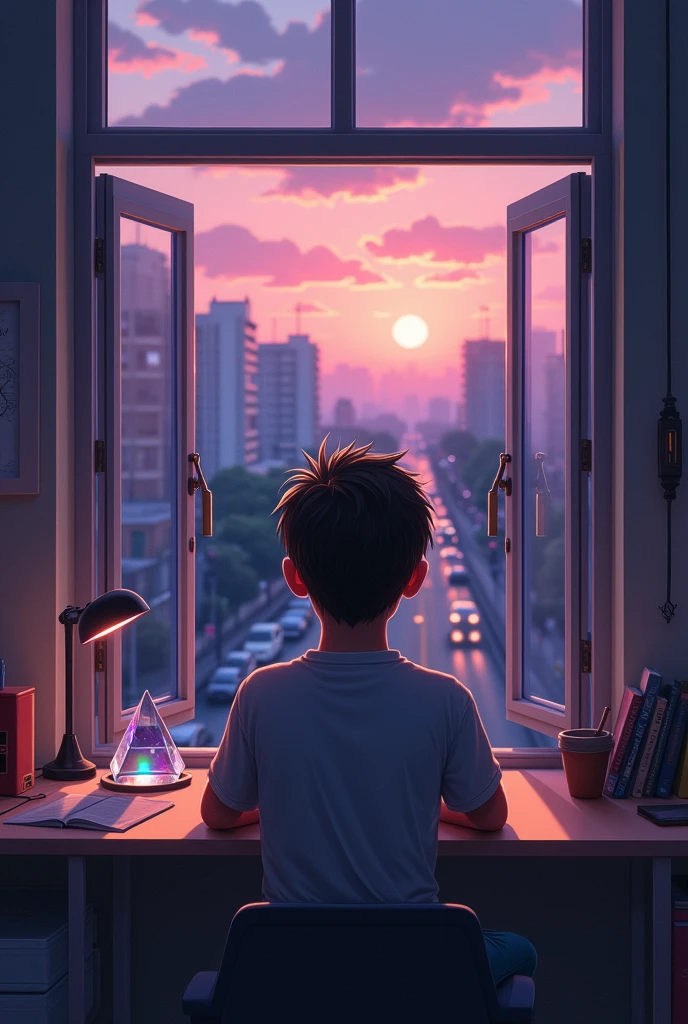 Thers is a medium bearded Adult boy wearing a full sleeve shirt sitting on a chair beside a glass opened window, he live at the 5th floor of his building. There is a desk and a table beside the window,the boy folds his hands on the table, some books and a little lamp are here on the table,,It is the last moment of today's Afternoon, there is cloudy purple sky. The sun is about to set. There is a prism on the table,the sunlight goes through the prism and came out with rainbow reflects.
The boy wearing a glass, Sunlight reflects his glass. The sunlight is also reflects his desk and table he is seeing outside the window, there are seen some buildings outside the window and some young boys are playing.
The boy also seeing a road which has some lampposts with sodium-vapor light.
