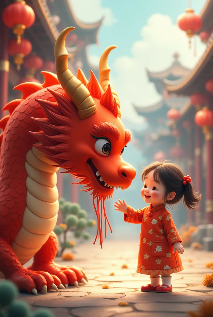 1 girl, masterpiece, Best Quality, befriending the chinese dragon, funny, happy, bright, long,