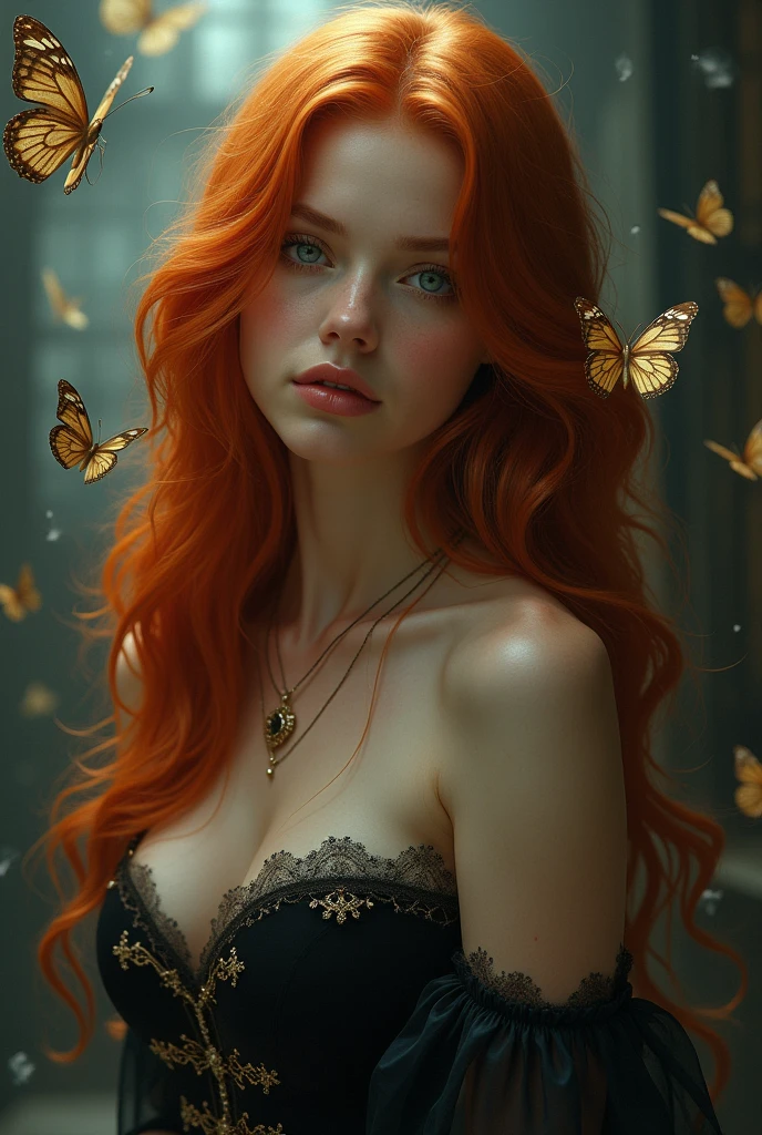 (solo, full body photo:1.3), (action packed:1.3), (haze, fog, mist:1.3), chiaroscuro, best quality, photorealistic, 1woman, (cute), (24yo:1.2), redhead, long ginger hair highly detailed, 1700'S, digital photography, art by artgerm and ruan jia and greg rutkowski surreal painting gold butterfly filigree, broken glass, (masterpiece, sidelighting, finely detailed Fashionable eyes: 1.2) (perfect oval large eyes that gazes at the viewer), beautiful detailed face, blue gorgeous perfect eyes, (blonde hair ponytail), (attractive young woman:1.3), (thick amazing hair), (seductive:1.1), (blushing:1.1)