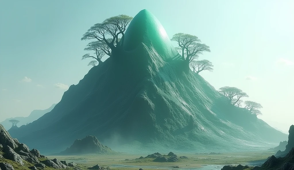 There is a high mountain,Half of the face is smooth jade,The other half is covered with strange trees.(best quality,4K,8k,High level,masterpiece:1.2),Ultra Detailed,(lifelike,Photo real,Photo real:1.37