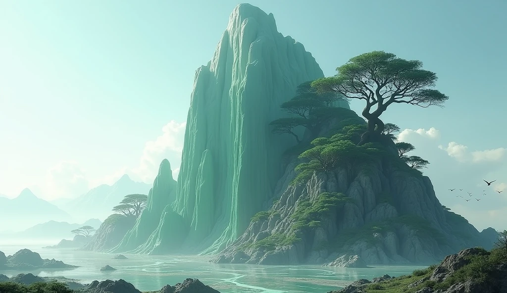 There is a high mountain,Half of the face is smooth jade,The other half is covered with strange trees.(best quality,4K,8k,High level,masterpiece:1.2),Ultra Detailed,(lifelike,Photo real,Photo real:1.37
