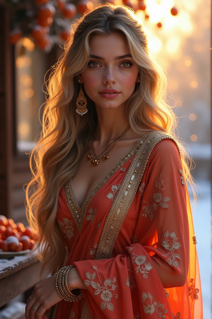 lovely cute young attractive indian girl, brown eyes, gorgeous actress, 2, cute, an Instagram model, long blonde_hair, colorful hair, winter , Indian, wearing salwar-kameez and dupatta