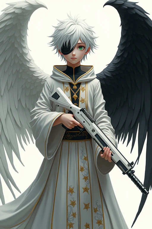 A smiling white-haired boy with light skin, a green right eye and a black left eye, wearing a black half-face guard, wearing a robe with a mysterious pattern embroidered in gold thread on a white background, holding a white shotgun, and a pure white angel wing on one of his backs、On the other hand, he spreads his jet-black devil wings