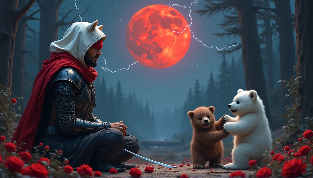 Male knight with a white hood with bear ears and a sword behind his back sits on the ground towards a baby polar bear and a baby brown bear in a forest while the moon shines, many Roses cover the ground and lightning falls from the sky. The baby polar bear plays with the baby brown bear while the knight enjoys watching them. Only the man wears a red blindfold. In the background of the picture is the blood moon and a tree has fallen down in the path. The forest is full of trees with leaves. The armor of the man is black and red roses decorate it. The sky is full of stars. The knight looks thoughtful playing with his blade.