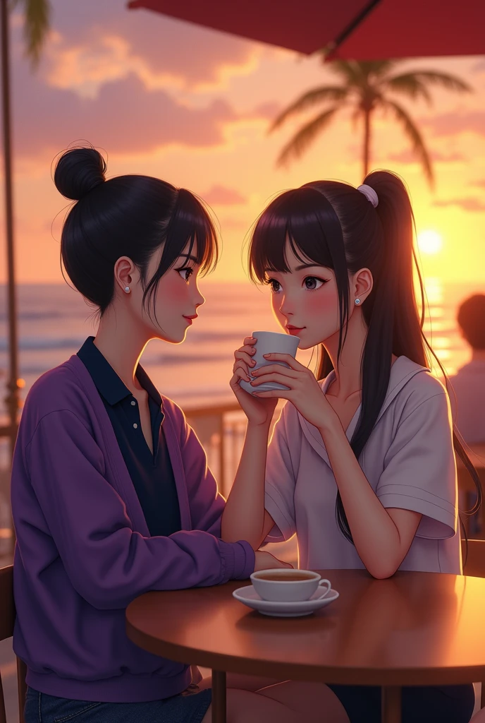 masterpiece, best quality, highly detailed, hyperrealistic, photorealistic:1.1, 2 beautiful 20s indonesia model, terrace, beach, cafe, at sunset, purple jacket navy polo
polite shirt : 1.2, sitting, very detailed face, high ponytail, black hair, pale skin, sweet smile, cup of hot chocolate.