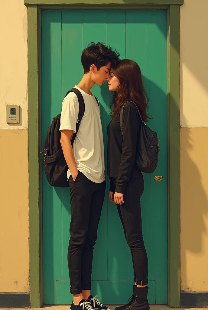 Drawing a two lovers lend on at the school room door the boy is wearing with t-shirt and black slacks and the girl is wearing all black and the door is color green and the room is beige