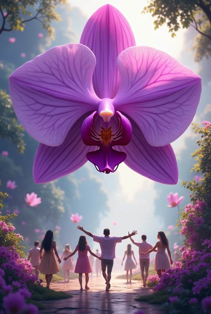 generate image where there is a single giant purple orchid in a utopian and colorful world, happy people dancing around this orchid