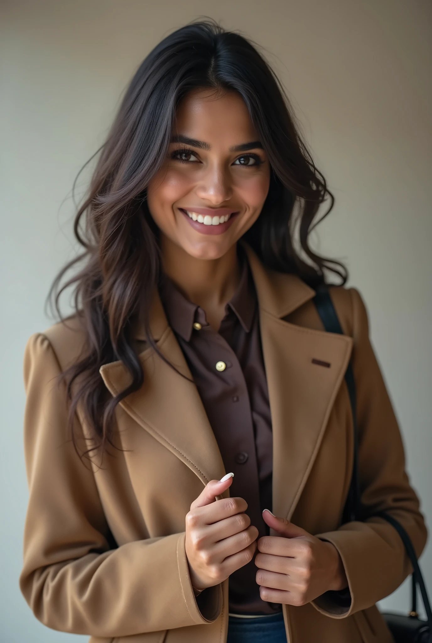 There is a young, Beautiful indian woman, who looks to the future like Katrina Kaif, Smiles into the camera, beautiful teeth, She looks into the camera, a portrait from raw photo, feet, hands, body, coat, handbag,