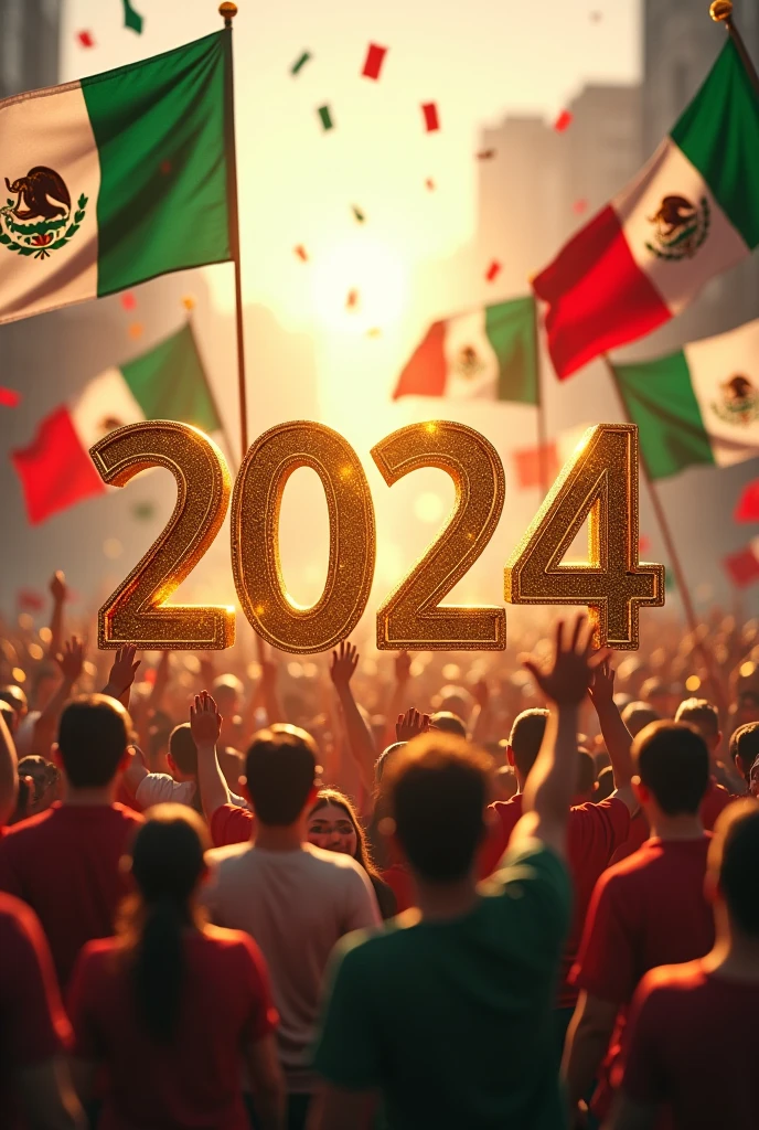 2024 in gold and a crowd of happy Mexicans with Mexican flags