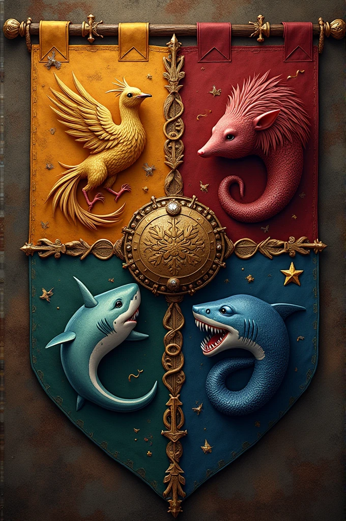 The Hogwarts school flag features the house animal, the phoenix.,rat,shark,snake