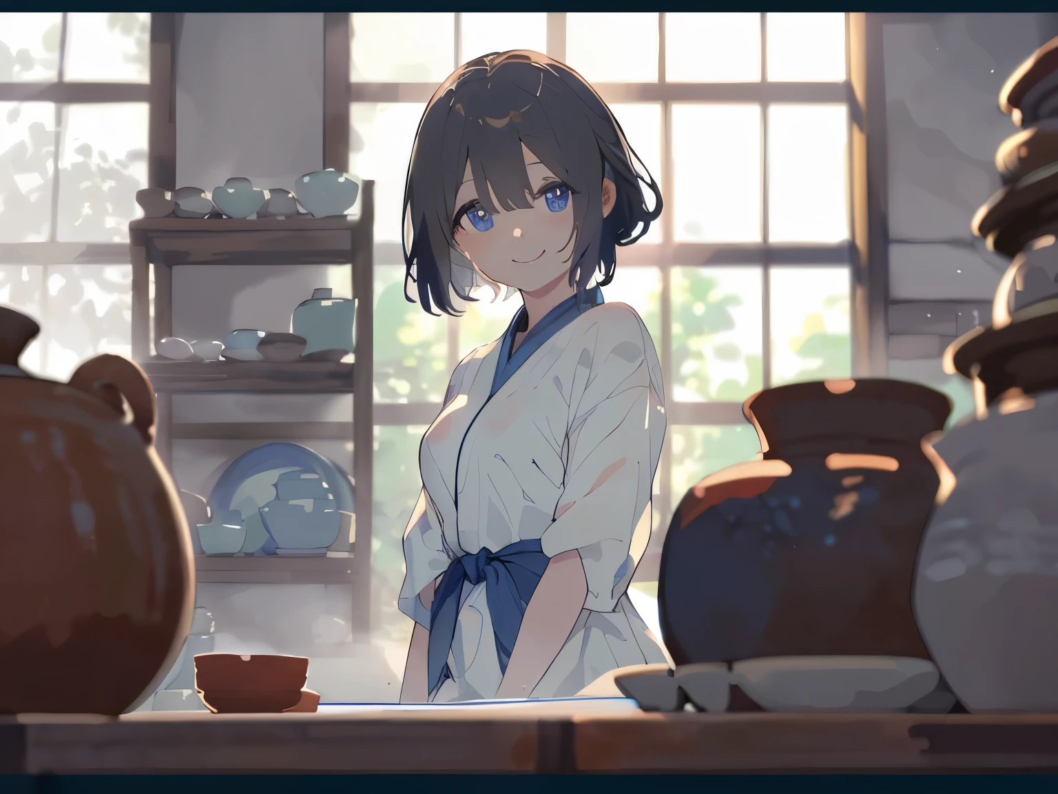 best quality, masterpiece, (Transparent ceramics at the forefront of the screen:1.3)、(The woman making pottery in the foreground is blurred and smiling in the background.:1.3)、(Sitting and making pottery:1.3)、(Hair tied back)、(beautiful eyes)、(White highlight in pupil:1.2)、(Dark blue eyes)、(Wooden pottery room)、(Beautifully blurred background makes women stand out:1.3)、(A woman is bathed in soft light:1.3)