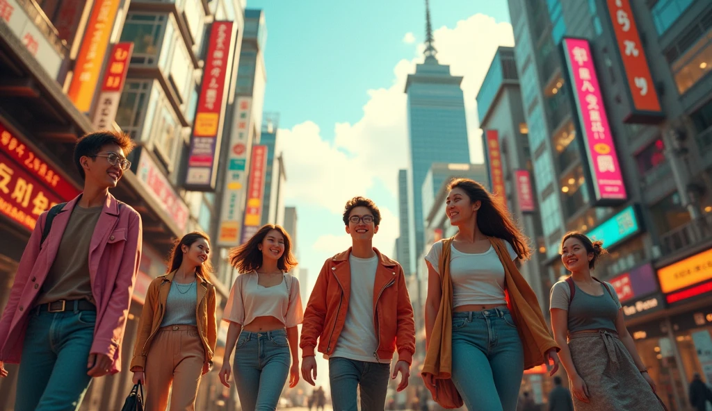 a happy group of people walking on the Tokyo streets, extremely detailed, photorealistic, vibrant colors, warm lighting, beautiful architecture in the background, intricate details, cinematic composition, dynamic movement, high quality, masterpiece