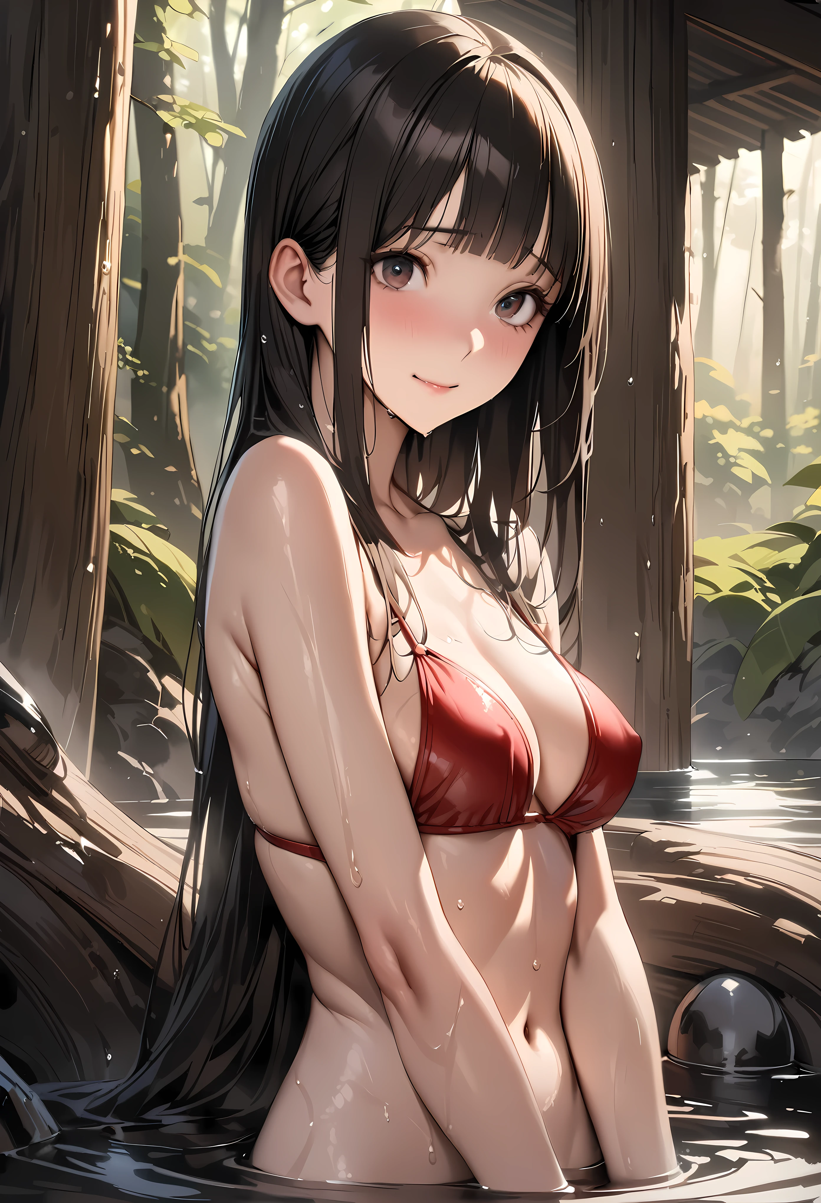 Fantasy art、((masterpiece,best quality anime,Highest quality:1.3)),realistic,portrait,cowboy skot,1woman,(Mature Beauty),((very small head:1.4)),((very long body:1.3)),long hair,black hair,bangs,(gorgeous big eyes),black eyes,shy,smile,((slender body:1.3,skinny:1.2)),medium breasts,Wet,(Red Bikini、red loincloth),navel,Brown leather boots、sitting,Bathing、stream、forest、A world of magic and fantasy、nsfw,