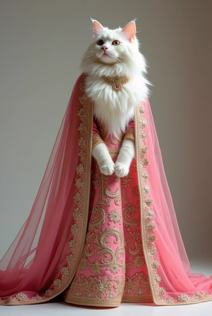 A white sleek Himalayan cat wearing a traditional Pakistani bridal maxi royal pink and gold, with intricate embroidery, a dupatta, and statement jewelry. The cat walks gracefully on two legs, exuding timeless beauty and cultural richness.