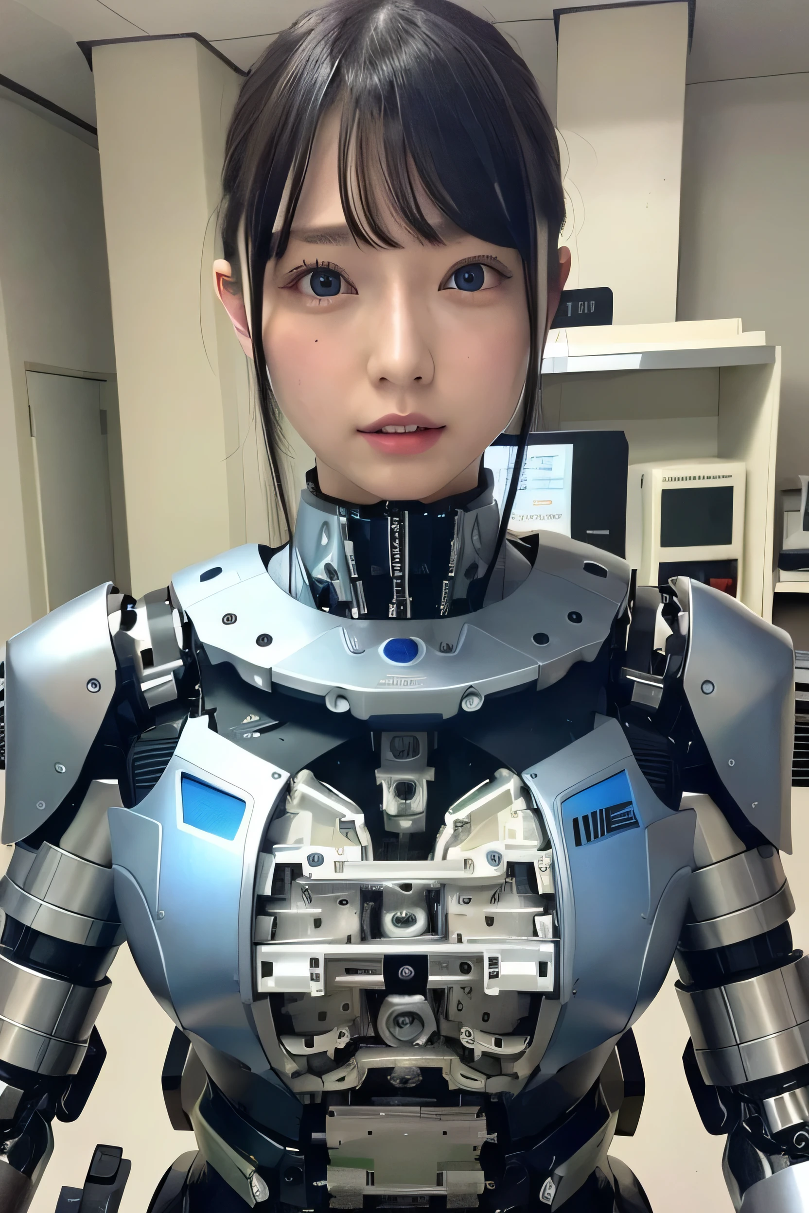 masterpiece, best quality, extremely detailed,  Japaese android girl,Plump , control panels,android,Droid,Mechanical Hand, Robot arms and legs, Black Robot Parts,Black hair,Mechanical body,Blunt bangs,White robotics parts,perfect robot girl,future information counter,reception,long tube,thick cable connected her neck,ceramic body ,mechanical body,mechanical costume,android,robot,humanoid,cyborg,information office,japanese android receptionist ,mechanical chest,blue eyes,office-lady